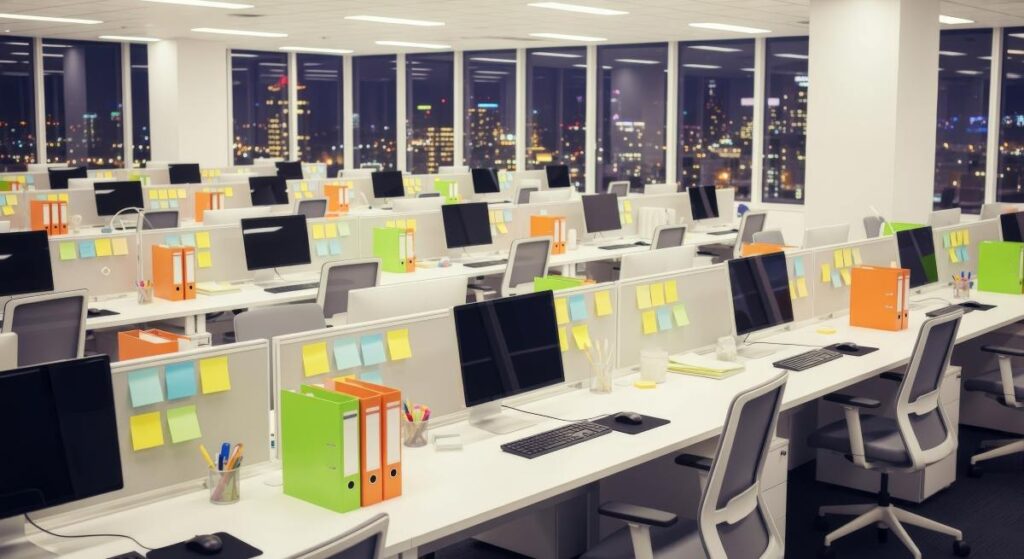 Modern Open Office Space with Desks and Computers at Night, City Lights View