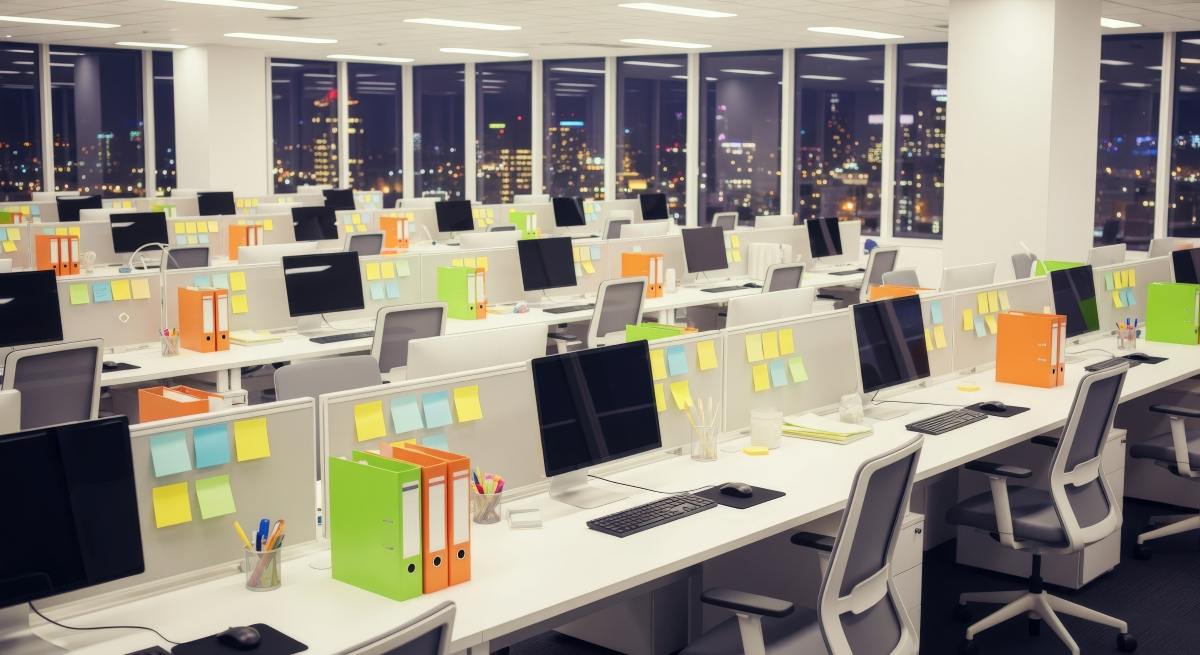 Modern Open Office Space with Desks and Computers at Night, City Lights View