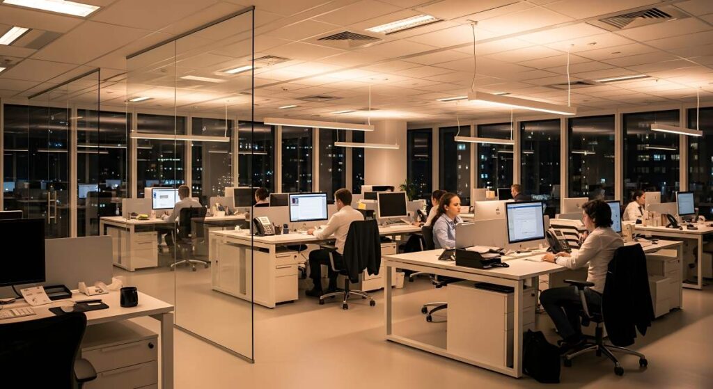 
Bright professional office ambience at night with realistic furniture 