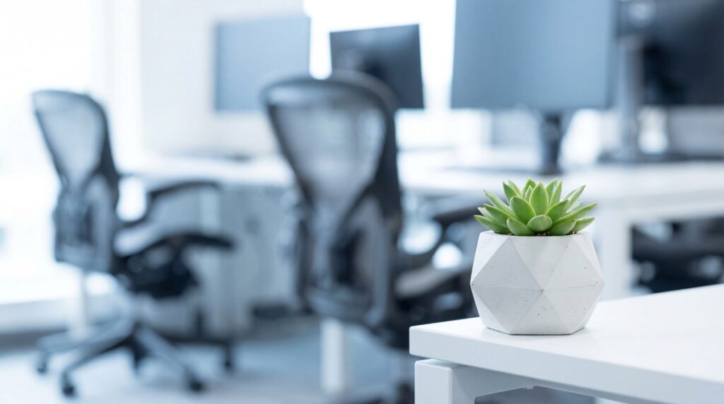 Small green succulent plant on white desk with blurred modern corporate office background symbolizing workplace wellness.