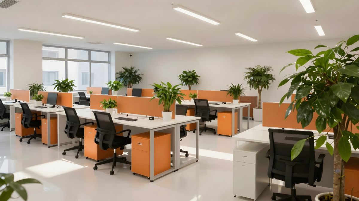 An office with desks and plants