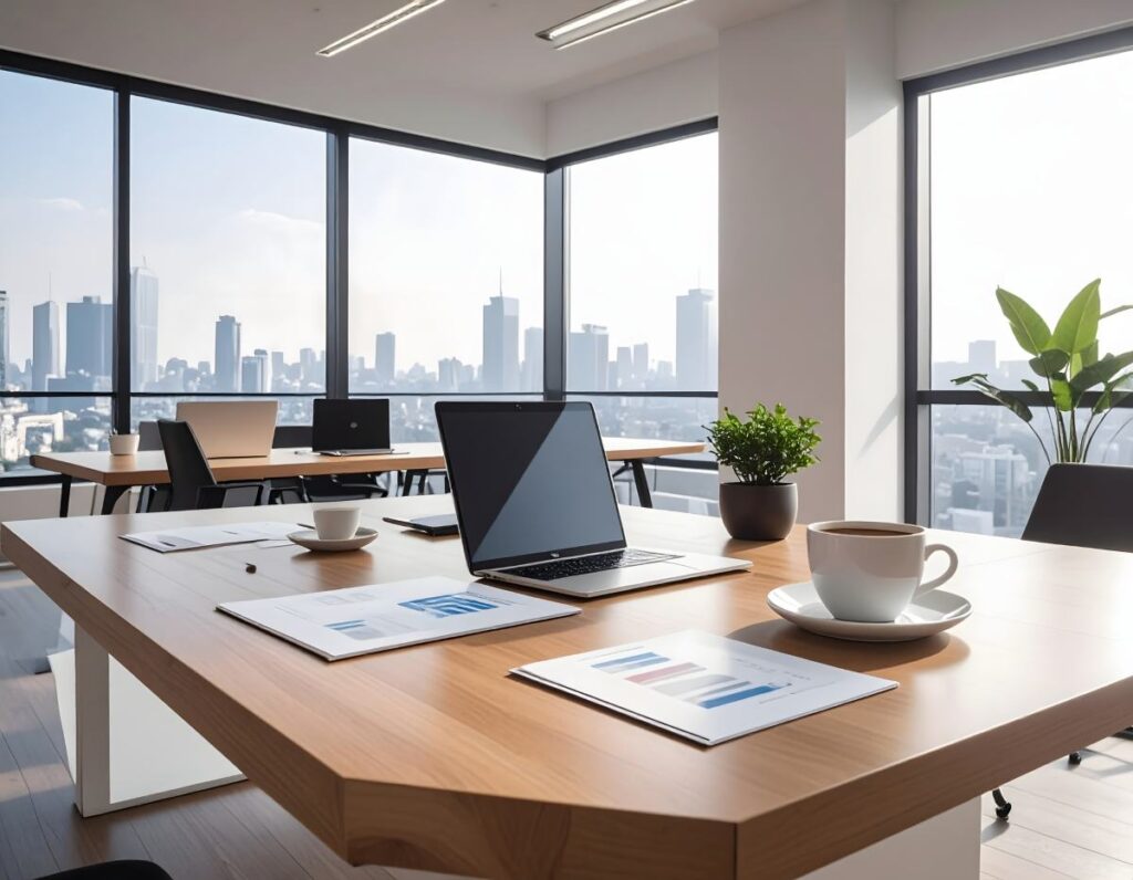 a desk with a laptop and coffee cup in front of a window