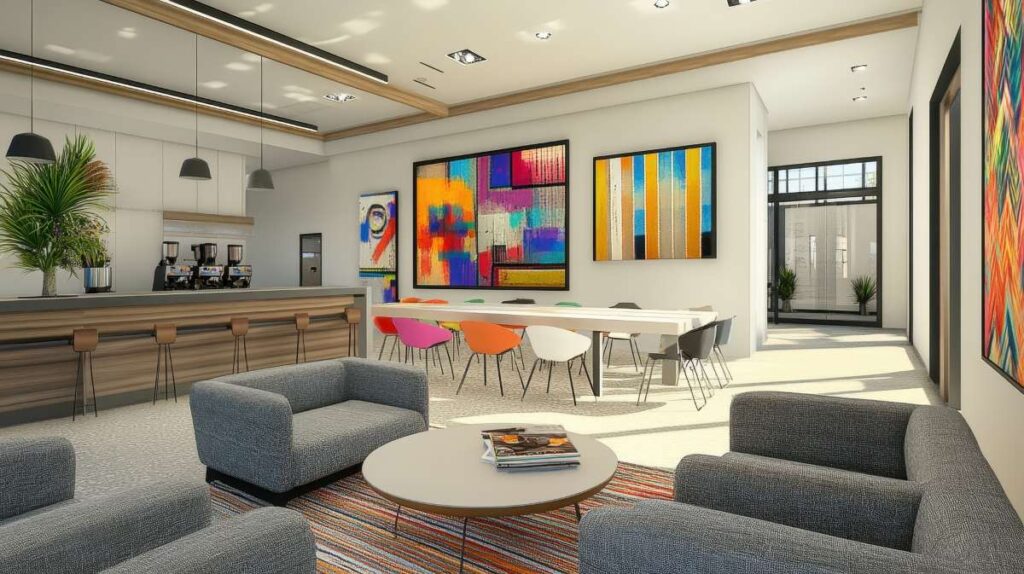 Modern office space featuring a lounge area