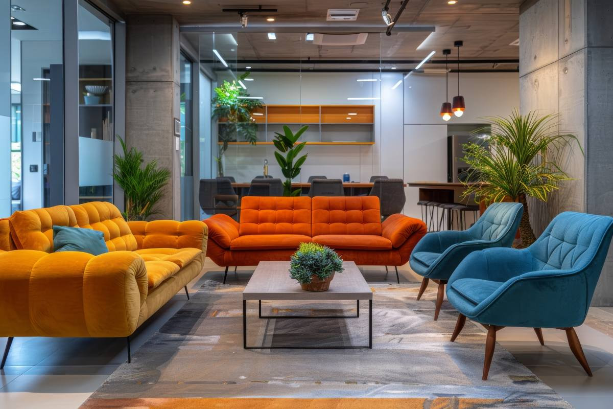 Stylish modern office lounge area featuring comfortable seating
