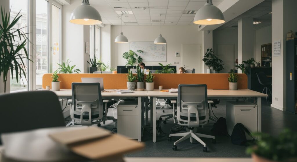 A bright and airy modern office space with desks, chairs, computers, and plants