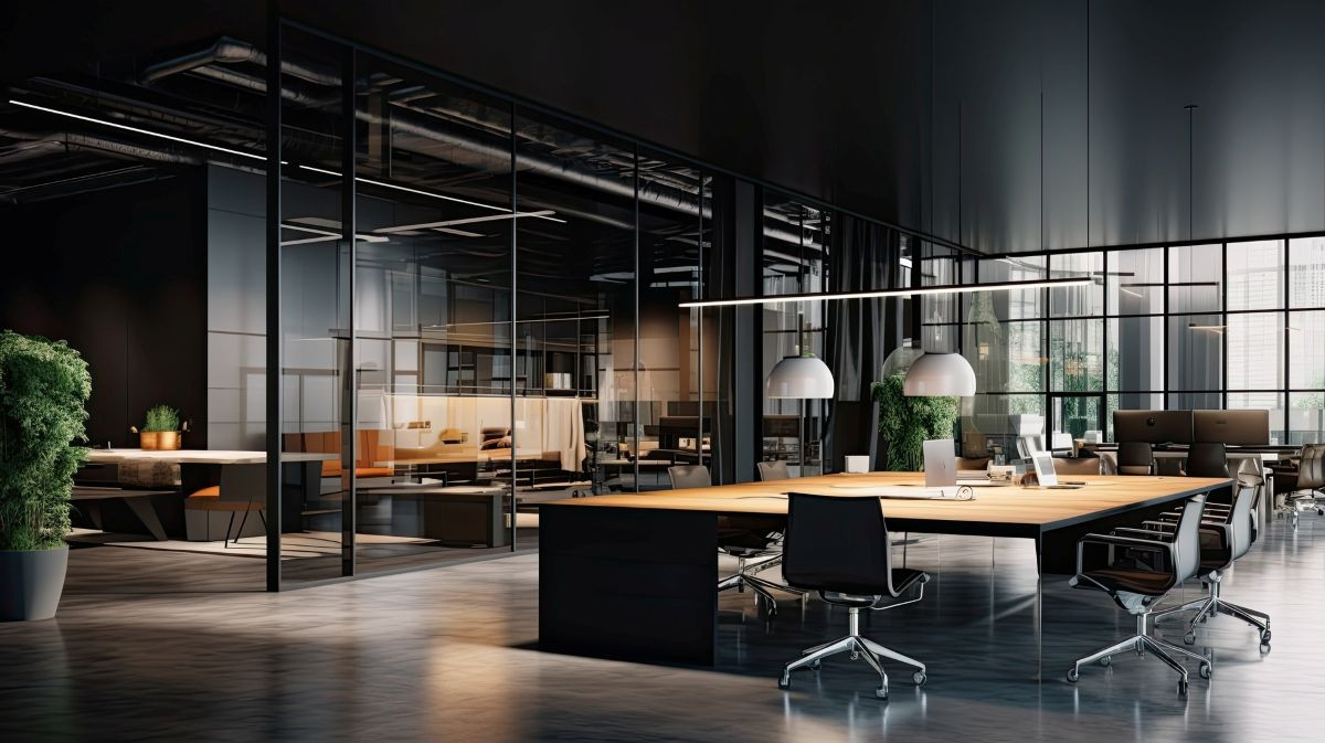 Interior of modern open space office with black walls, concrete floor, rows of computer tables and glass doors